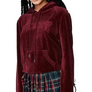 Puma by Rihanna Fenty Cropped Sweatshirt Velour Drawstring Hoodie Pullover Red S